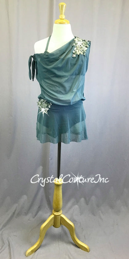 Sage Green/Blue Sheer Mesh Off-The Shoulder with Lycra Top and Trunk