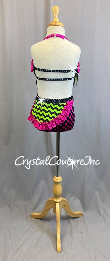 Neon Green and Hot Pink Pattern Connected Halter Top and Trunk/Half Skirt - Swarovski Rhinestones