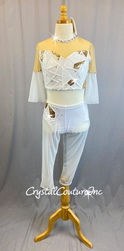 White Top and Trunk/Sheer Crop Pants with White/Gold Sequin Design - Swarovski Rhinestones