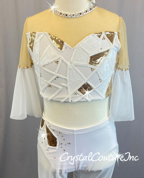 White Top and Trunk/Sheer Crop Pants with White/Gold Sequin Design - Swarovski Rhinestones