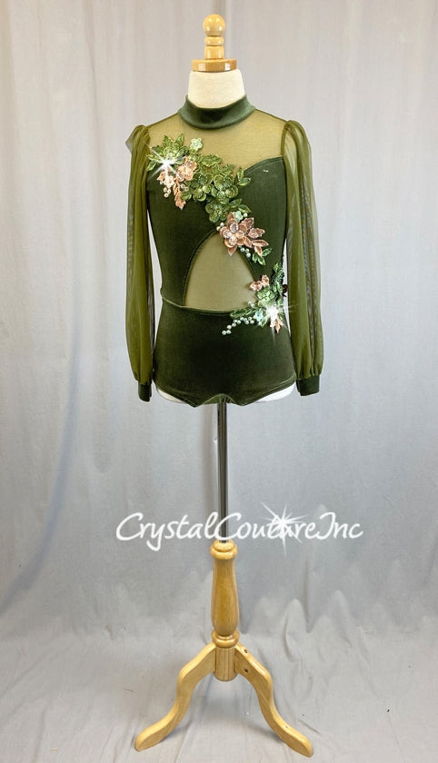 Olive Green Velour and Sheer Mesh Long Sleeve Leotard with Appliques - Swarovski Rhinestones