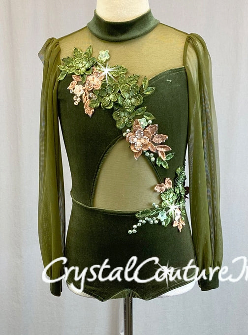 Olive Green Velour and Sheer Mesh Long Sleeve Leotard with Appliques - Swarovski Rhinestones