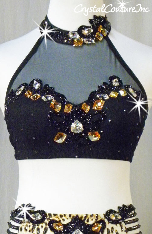 Black Mesh Top with Leopard Print Brief - Swarovski Rhinestones & Appliques