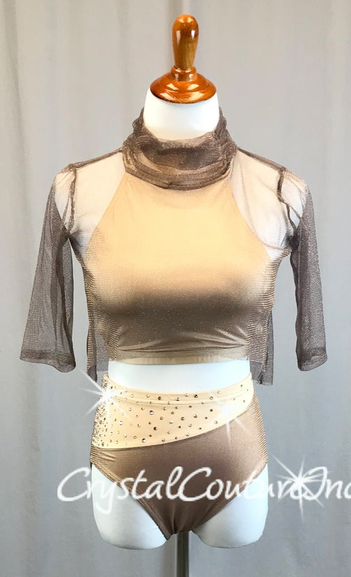 Dusty Purple Shimmery Metallic Sheer Mesh Top with Nude Halter and Trunk - Swarovski Rhinestones