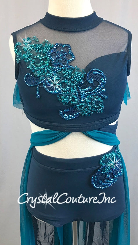 Navy Lycra & Sheer Mesh Top & Trunk/Piecey Back Skirt with Teal Blue - Swarovski Rhinestones