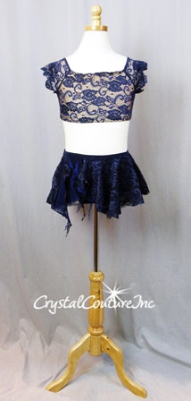 Navy Blue Lace Crop Top and Skirt with Trunks