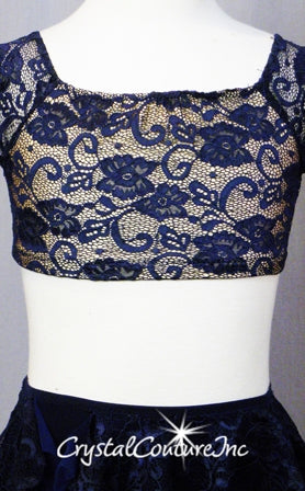 Navy Blue Lace Crop Top and Skirt with Trunks