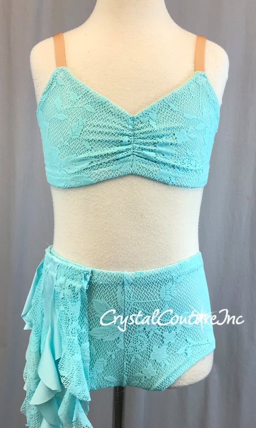 Lt Teal Blue Lace and Mesh Bra-Top & Booty Short/Skirt