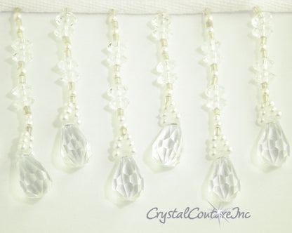 Crystal Pendant and Silver/Pearl Beaded Fringe Trim - per foot