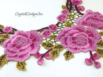 Fuchsia/Black/Gold Floral Lace Embroidered Applique