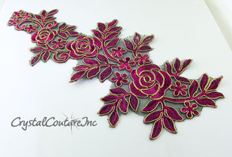 Fuchsia/Gold Floral Lace Embroidered Trim