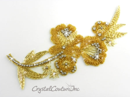 Gold Bead & Crystal Rhinestone Flower Applique