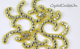 Gold Bead & Crystal Rhinestone Swirl Applique