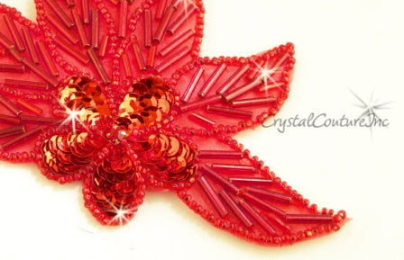 Red Beaded & Sequin Flower/Leaf Applique