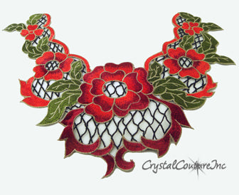 Red/Black/Green Floral Lace Embroidered Applique