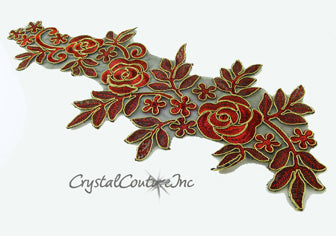 Red/Gold Floral Lace Embroidered Applique