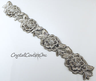 Silver/Black Floral Lace Embroidered Applique - 3 pieces