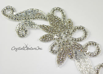 Silver/Crystal Bead Floral Scroll Applique