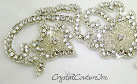 Silver/Crystal Rhinestone Beaded Flower & Scroll Applique