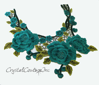 Teal Blue/Black Floral Lace Embroidered Applique