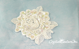White Bead/Sequin & Pearl Lace Flower Applique